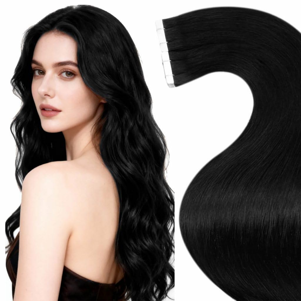 LaaVoo Tape in Hair Extensions Human Hair Tape in Extensions 20inch Black Invisible Hair Extensions Tape on Soft Hair 50cm 50g 20pcs