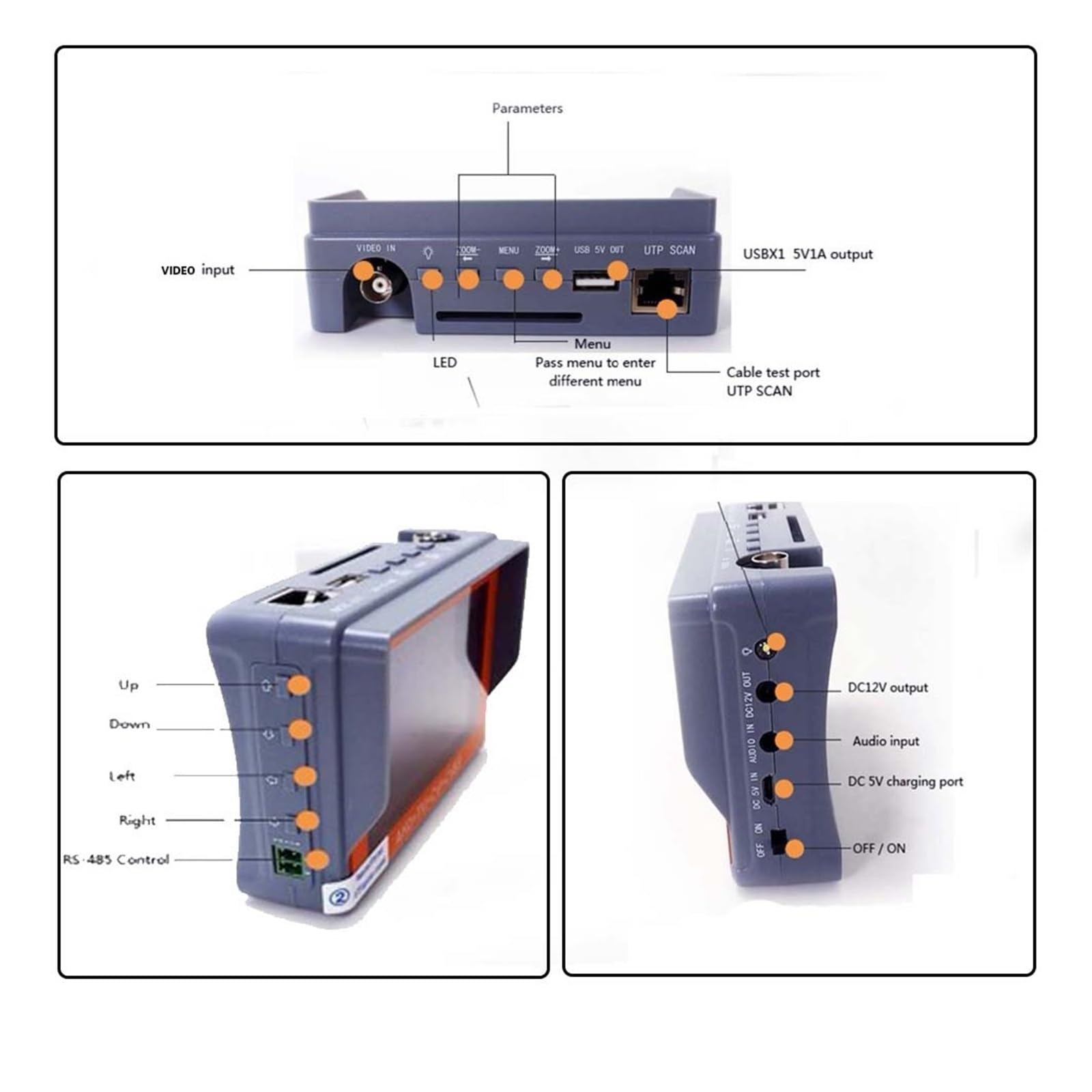 Tester CCTV Tester CCTV Monitor 4.3 Pollici HD AHD 8MP Telecamera Analogica Test Tester For Cavi PTZ UTP Uscita 12V1A IV7A rileva telecamere di rete