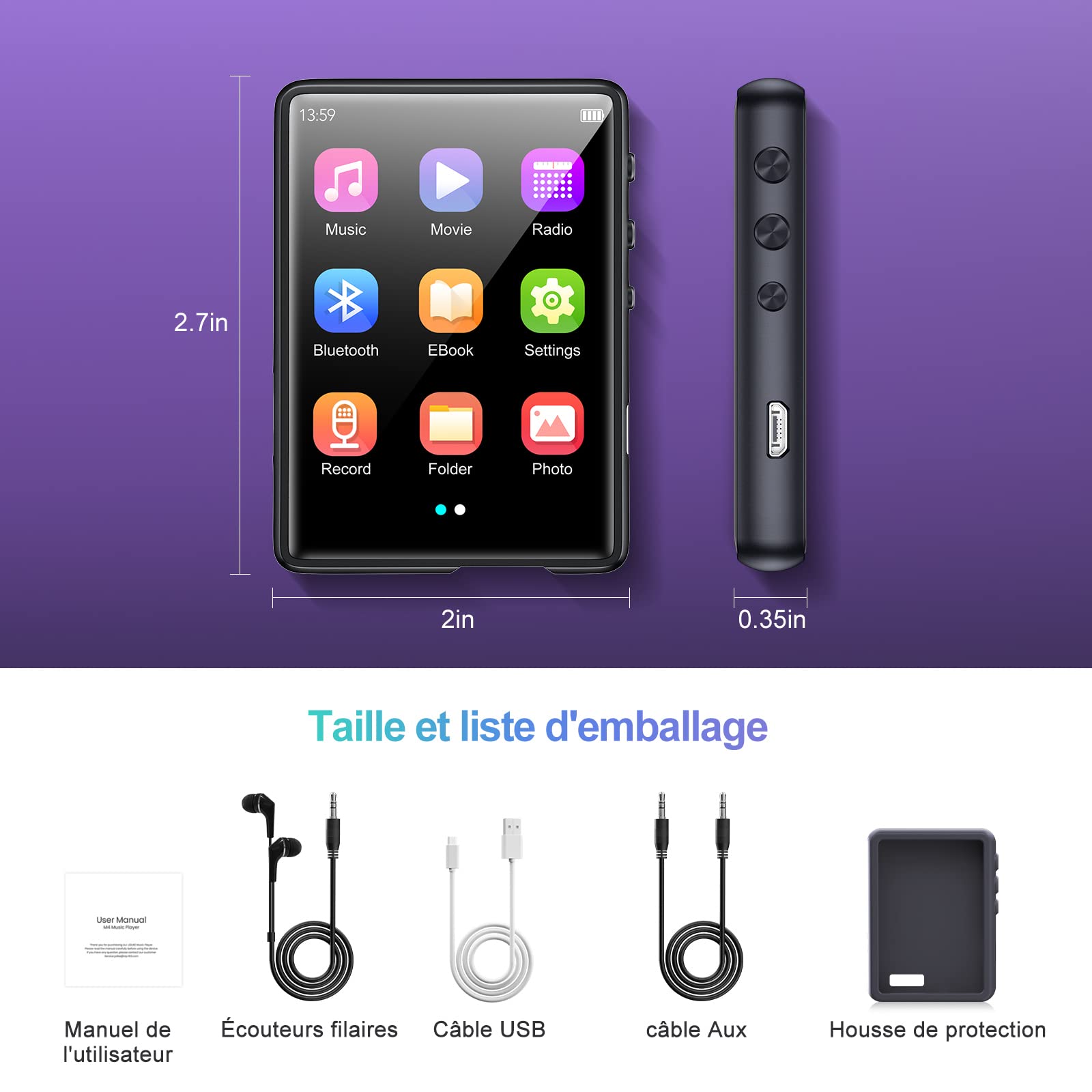 64Go Lecteur MP3 avec Bluetooth 5.3, Lecteur Audio sans Perte HiFi avec Haut-Parleur, 2.4 in Ecran Tactile Complet, Radio FM, Line-in enregistreur Vocal, E-Book, Prise en Charge jusqu'à 128 Go