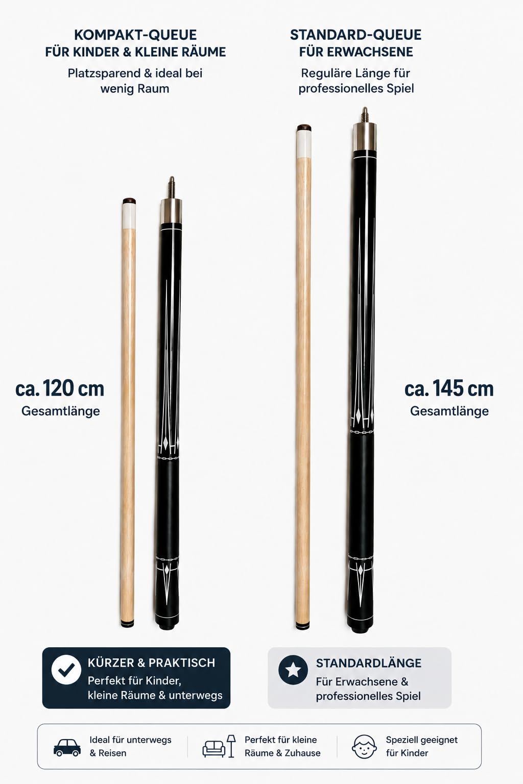 John West Junior Pool Billardqueue 120 cm | 2-teilig, Metallgewinde, Griffband, 13 mm Klebeleder