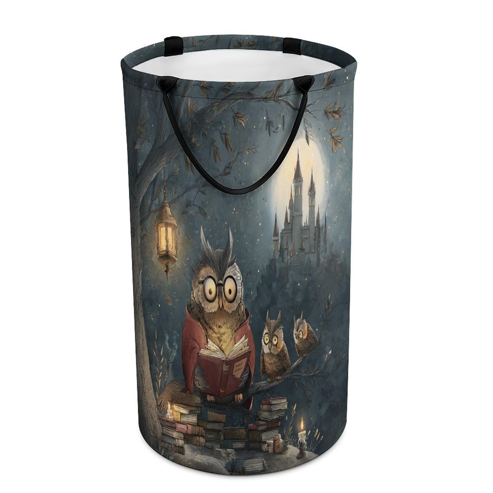 LUYYSKY Rustic Abstract Cute Owl Collapsible Dirty Clothes Basket, Funny Watercolor Full Moon Starry Sky Galaxy Castle Animal Owls Portable Clothes Storage Laundry Basket-40 CM Dia, 69 CM High