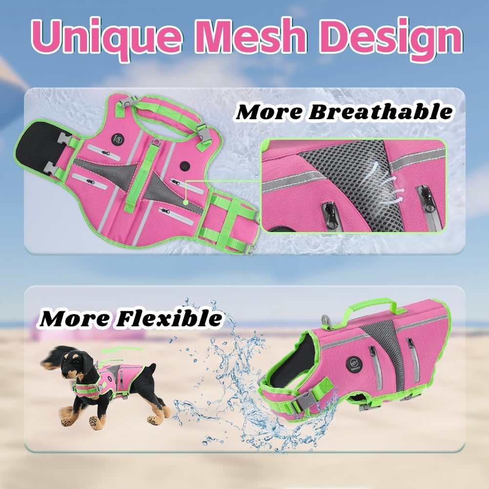 EMUST Dog Life Jacket, Lightweight Reinforced Dog Swim Vest for Small Medium Large Dogs with Pockets, Reflective Pet Float Coat Lifesaver for Boating Swimming Pool, Pink, M