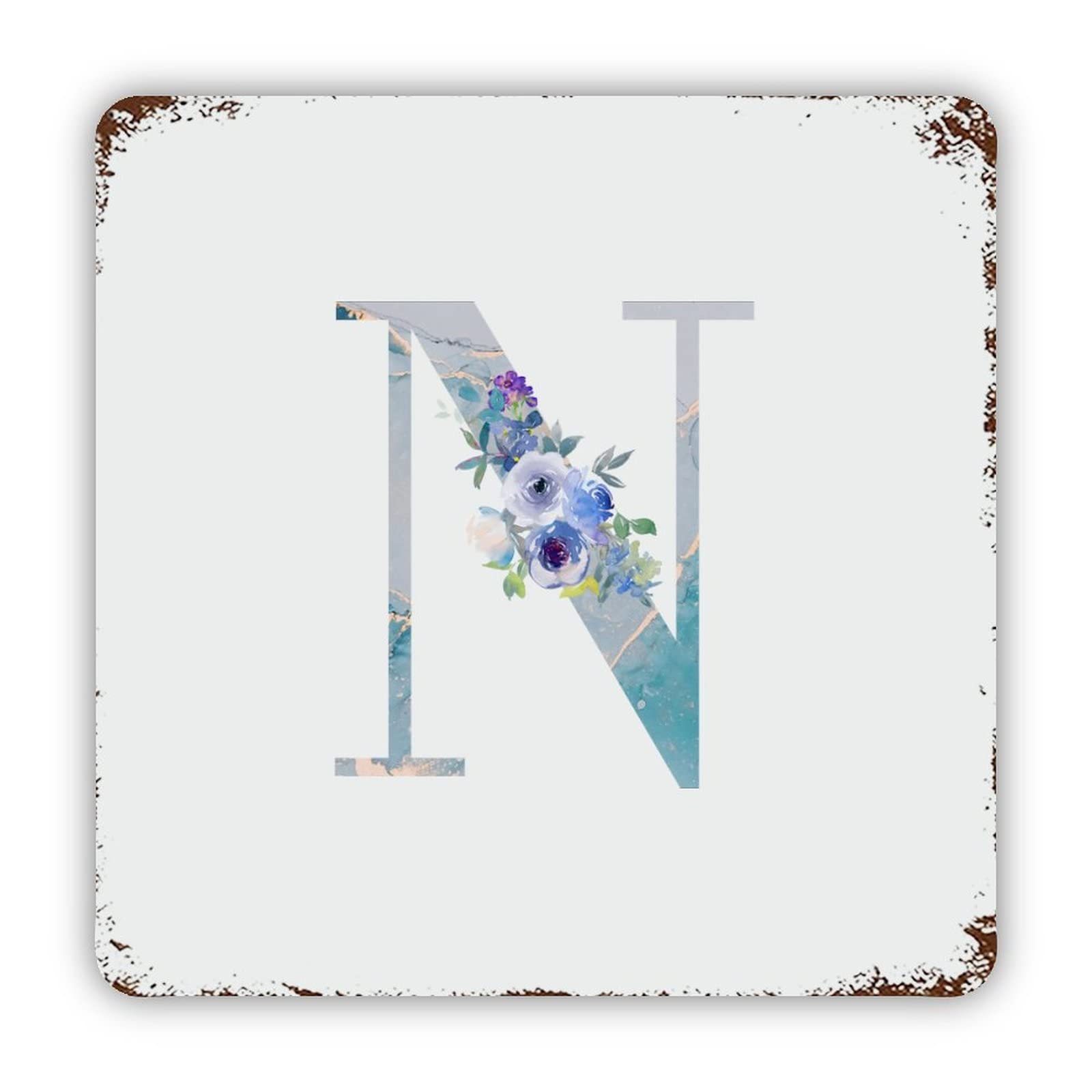 ENEDNATE Marble Watercolor Floral Blue Monogram Letter Initial N Vintage Man Cave Metal Sign 12x12 Decorative Aluminum Tin Sign for Indoor Outdoor Kitchen Bar Restaurant Cafe Pub Wall Art Decor