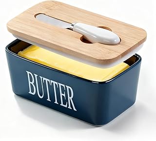 Ceramic Butter Dish with Lid And Knife，Airtight Butter Crock with Lid For Countertop，Premium Large Butter Container For Refrigerator，Covered Butter Dish with Knife (Blue)
