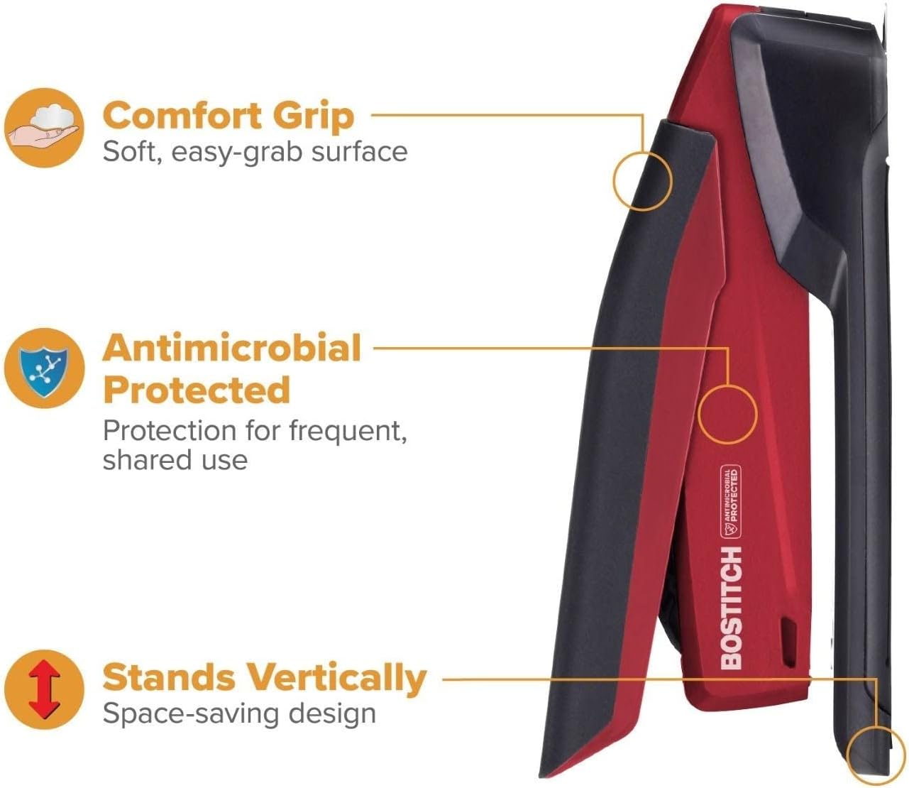 Bostitch Office Executive 3 in 1 Stapler,Includes 210 Staples and Integrated Staple Remover,One Finger Stapling,No Effort,20 Sheet Capacity,Spring Powered Stapler,Red,(Pack of 10)