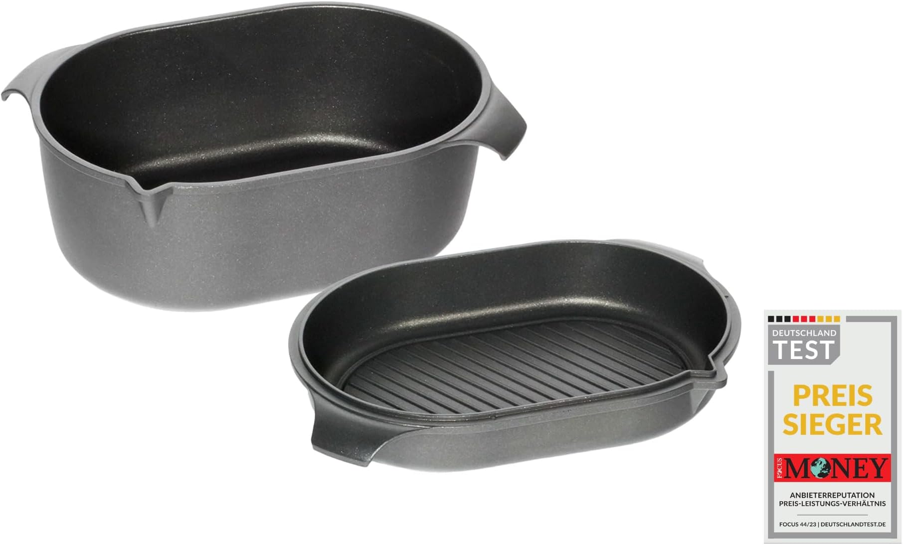 Woll Nowo Titanium gietijzeren vispan, ovaal, inductief, 38 x 28,4 cm, 5 cm hoog, met afneembare steel, geschikt voor alle fornuizen, gegoten aluminium, antiaanbaklaag, ovenbestendig, zwart