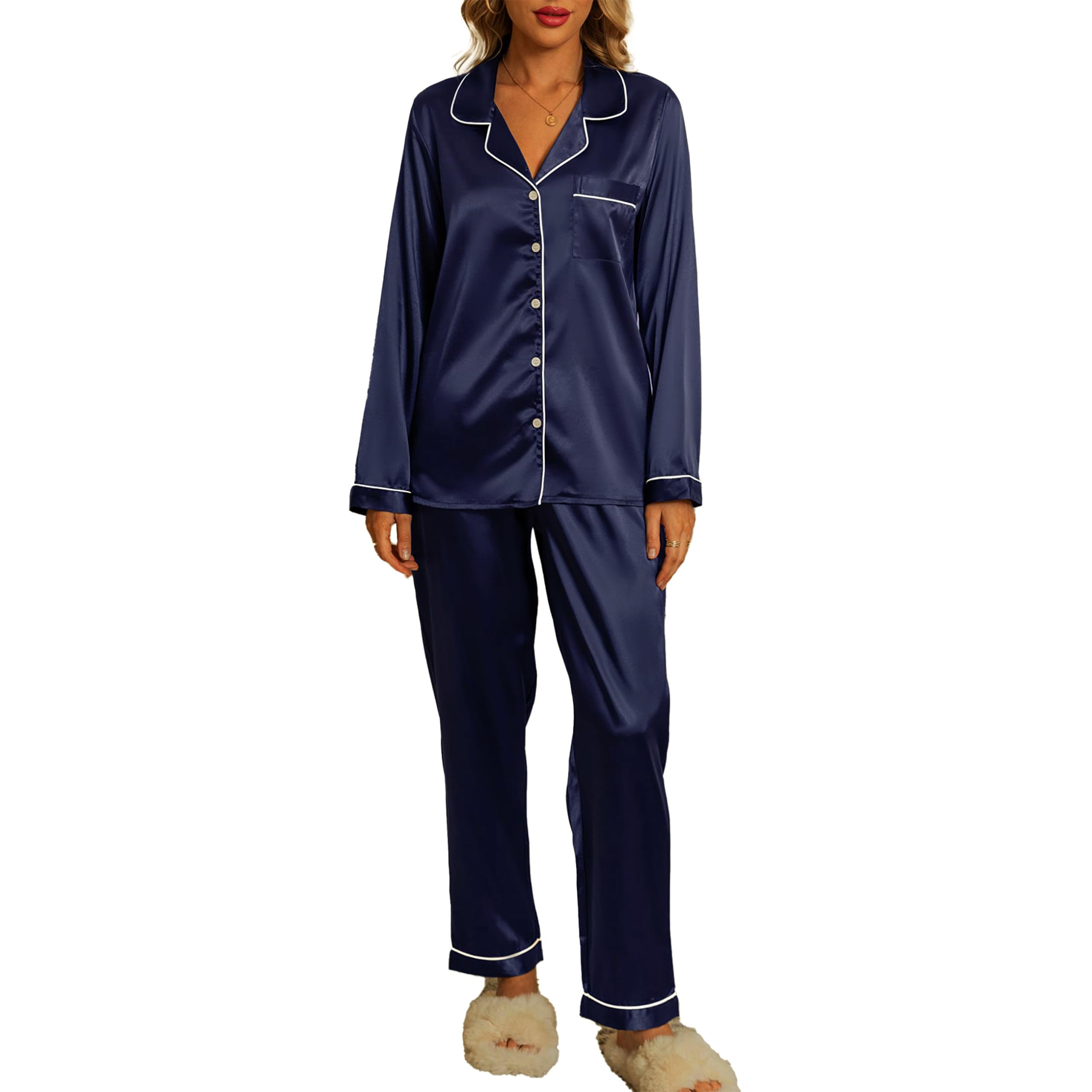 Xuepelit Satin Schlafanzug Damen Langarm Silk Pyjama Set Mit Knopfleiste Zweiteiler Loungewear Lang Elegant NachtwäSche Schlafshirt