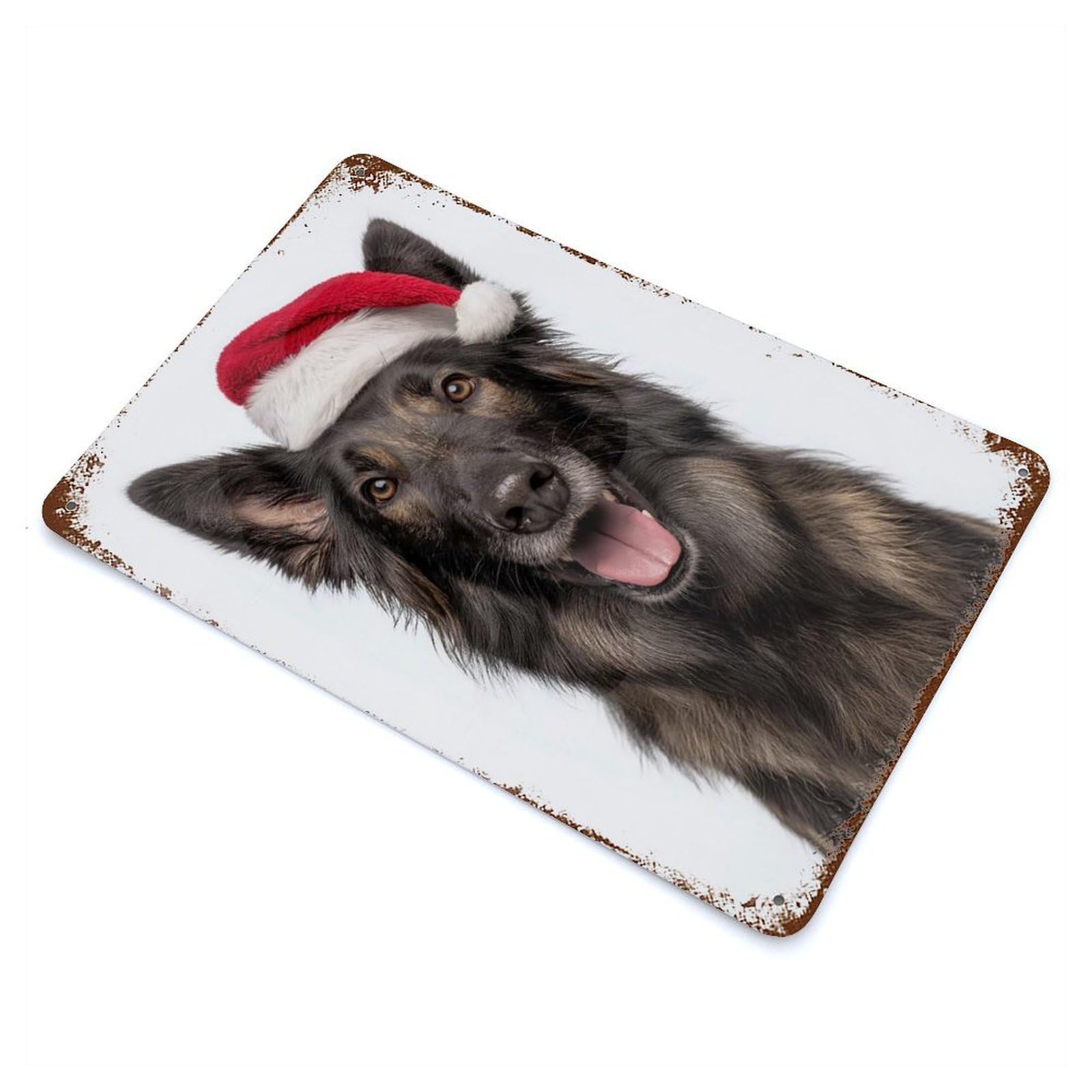 Retro Metal Sign with Belgian Sheepdog with Santa Hat Portrait Design 11.8"x7.9", for Living Room, Hallway And Home Decor, Farmhouse Wall Decor