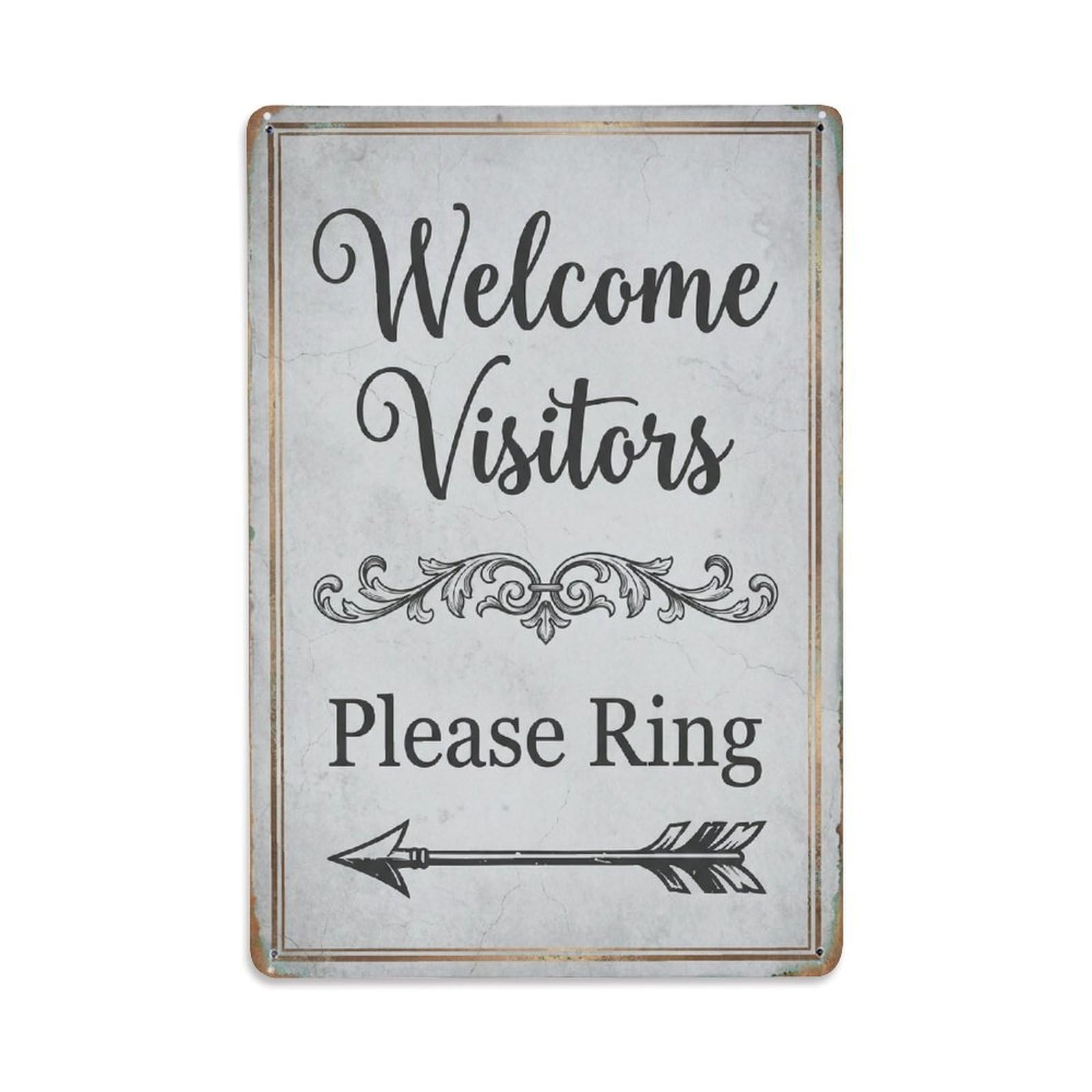 Vintage Welcome Visitors Please Ring Arrow Scroll Metal Tin Sign