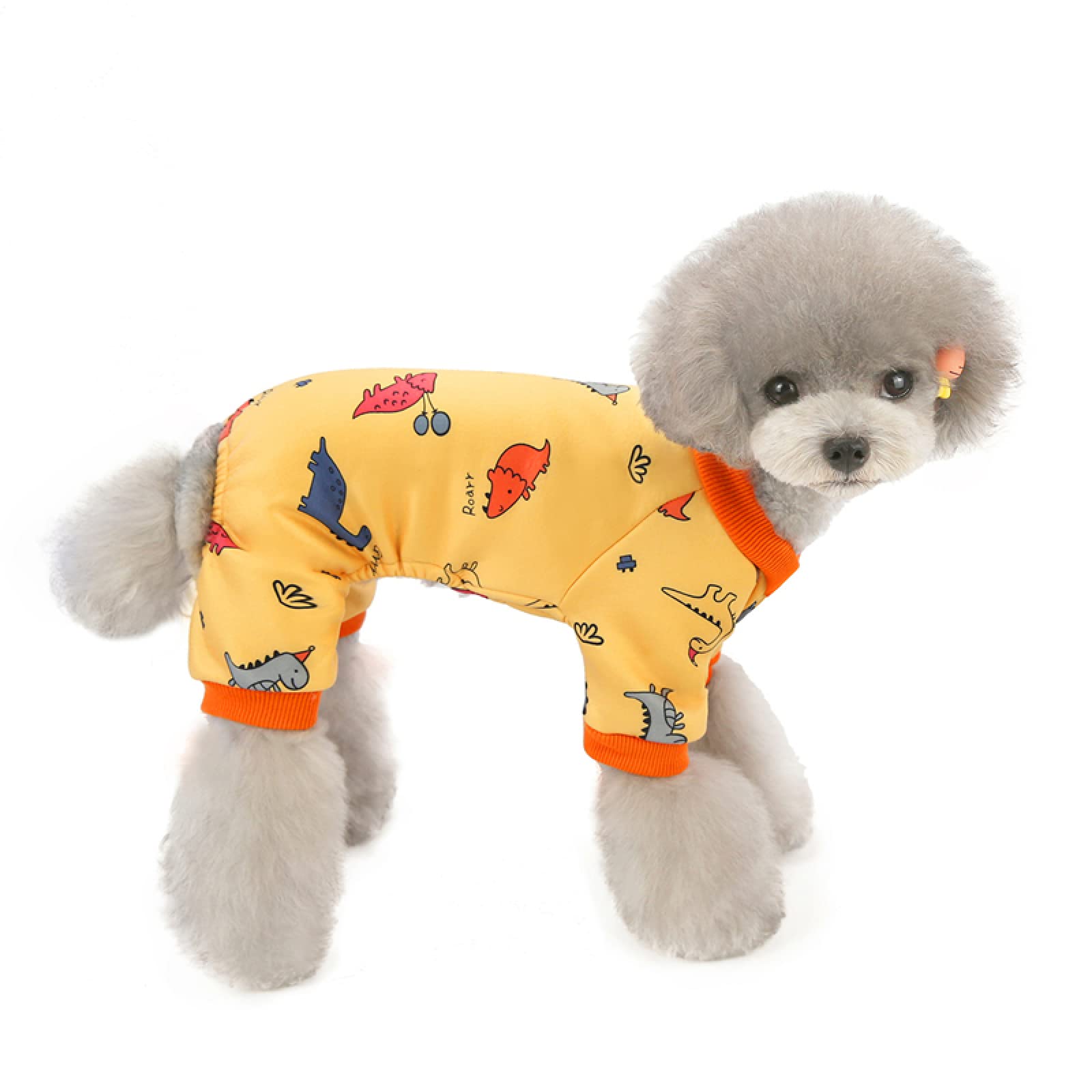 Vêtements de chien automne hiver en soie de lait avec motif dinosaure jaune