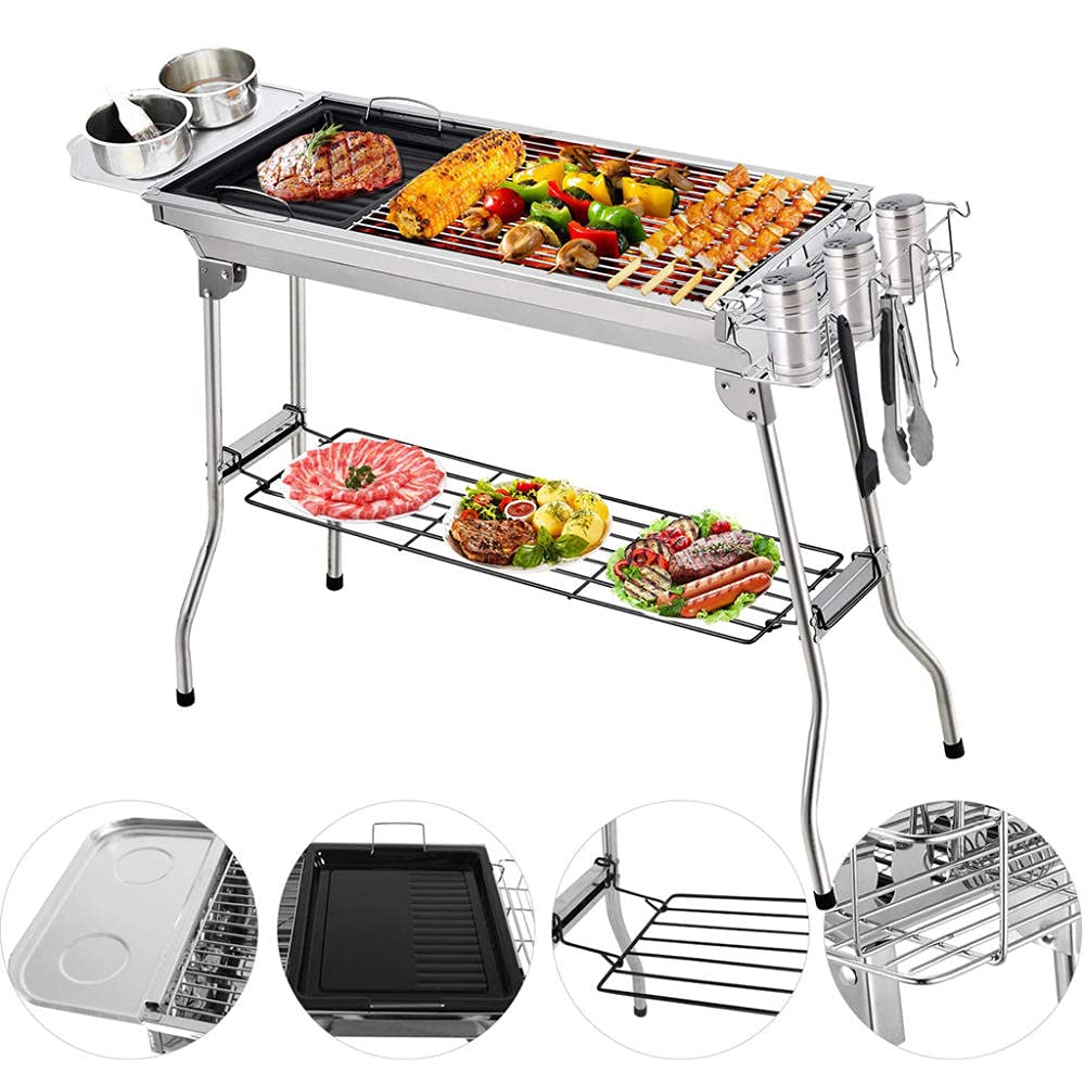 Barbecue au charbon de bois pliable en acier inoxydable pour camping et grillades en famille