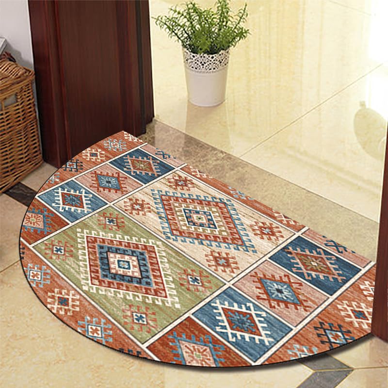 Eseriallen Half Round Door Mat Indoor Entrance Washable Half Circle Area Rugs Boho Mandala Non Slip Medium Orange Light Luxury F (23) 60cm X 110cm
