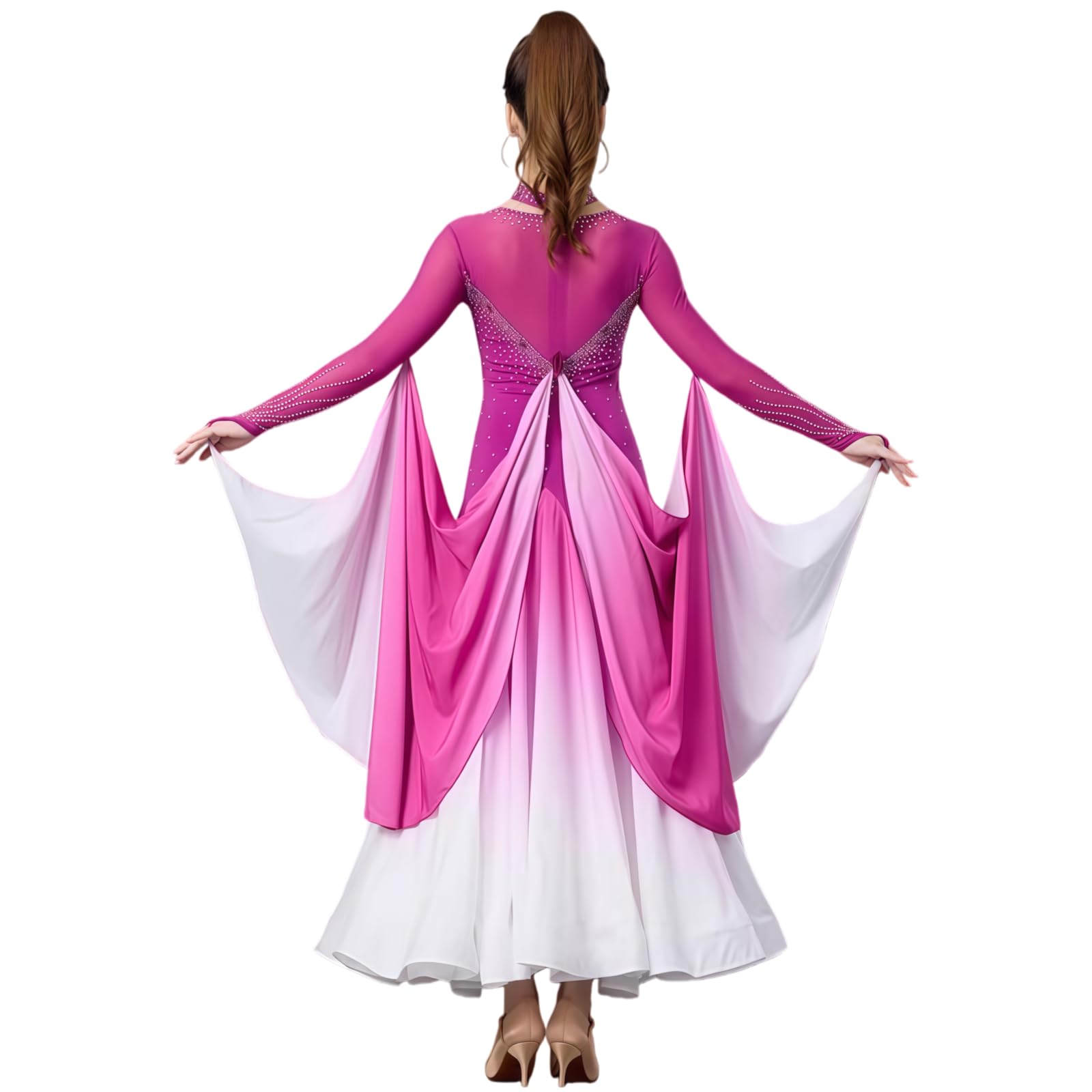 Damen Standard Ballroom Tanzkleid, Langarm Elegantes Tanzkleid Mit Farbverlauf Rock Und Strass, Fließendes Abend- Und Turnierkleid Für Walzer Tango Foxtrott