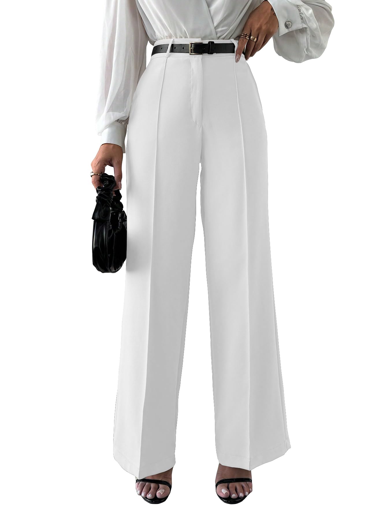 Women's High Rise Solid Color High Waist, Wide Straight-Leg Loose Fit, Front Button Closure, Simple Daily Casual Long Pants with Pockets (Without Belt) (Trouser 171)-image-16