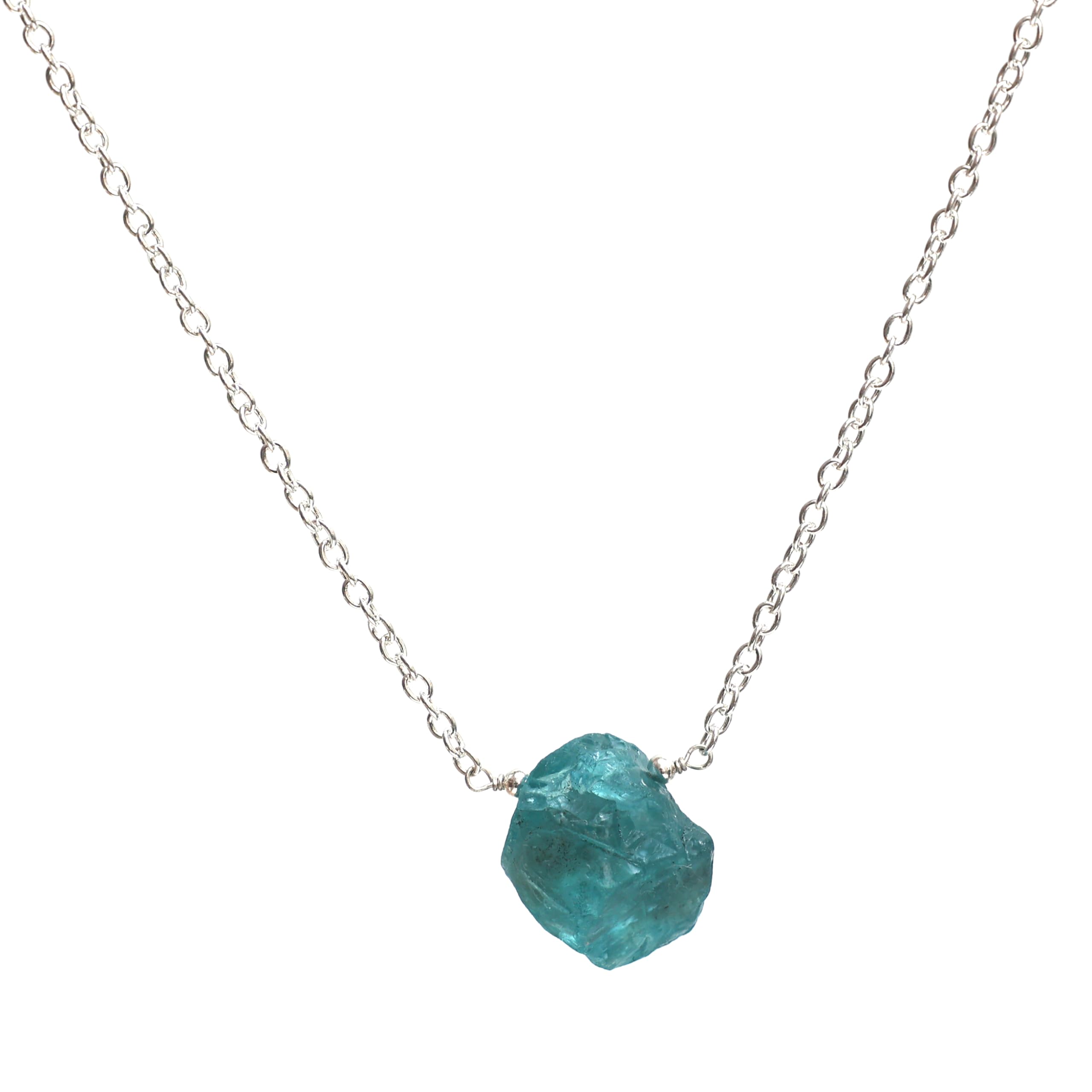 Gempires Raw Neon Apatite Pendant Necklace, Blue Apatite Crystal 10-20 mm, Raw Crystal Jewelry, 18 inches Silver Plated Adjustable Chain