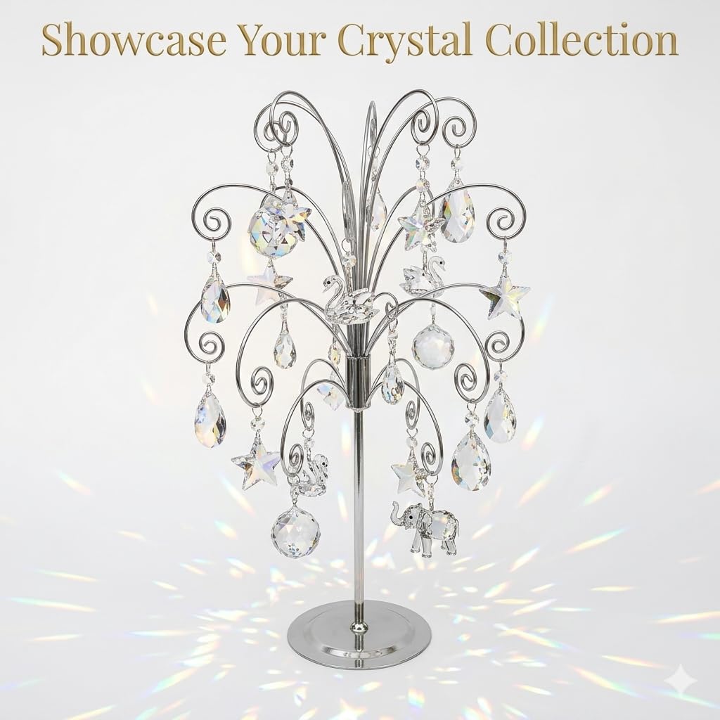 HOHIYA 50 cm Ornament Präsentationsständer Metall mit 15 Haken Silber | Eleganter Metallständer für Kristall-, Glas- und Weihnachtsornamente mit stabiler Basis für stilvolle Dekoration.