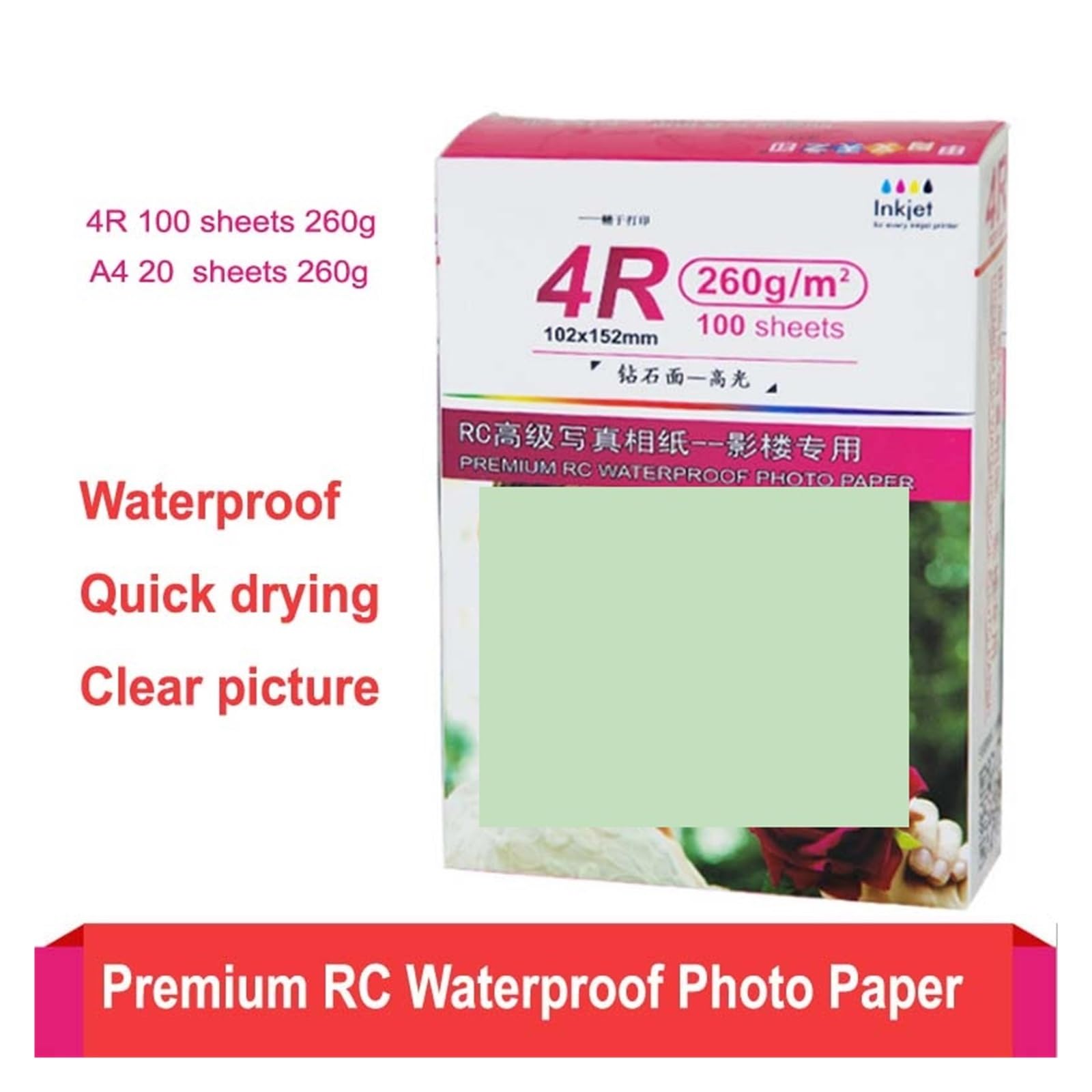DAVBIR 4R 100 fogli A4 20 fogli carta fotografica lucida patinata impermeabile 260gsm RC for stampante Canon a getto d'inchiostro perfection (Color : 4R 100sheets glossy)