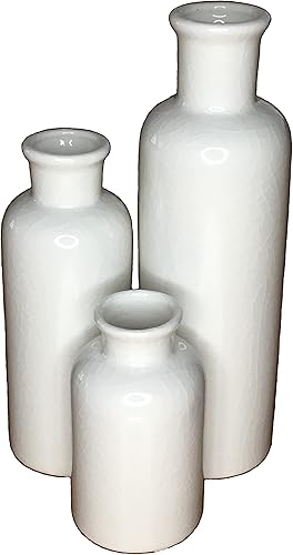 Juego de 3 hermosos jarrones de cerámica. Acabado blanco paloma texturizado. Una adición atractiva y sofisticada para cualquier decoración.