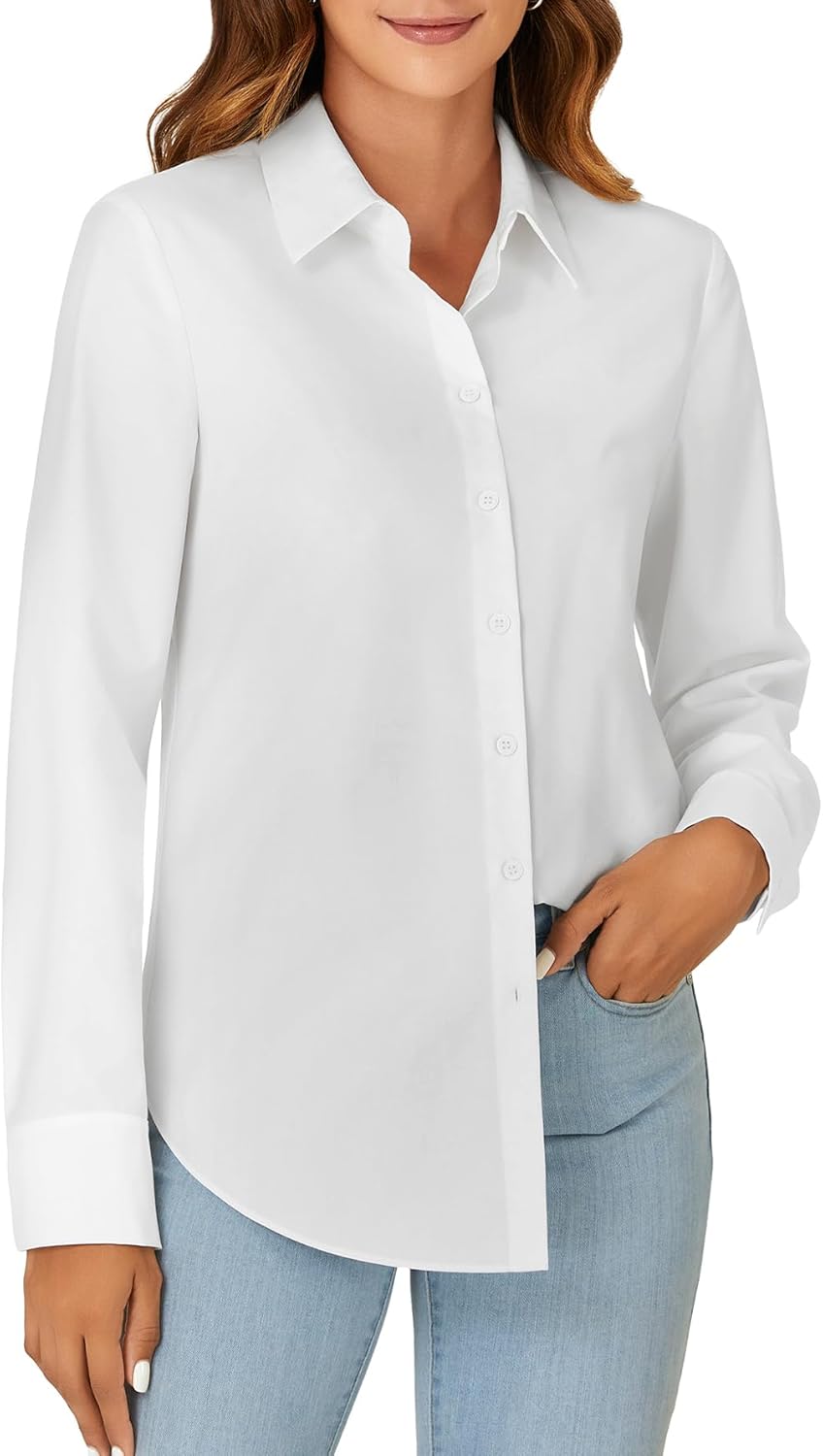 KIFOVEN Women's Button Down Shirt Long Sleeve Collared Office Work Business Blouse Top Solid White X-Large - Image 4