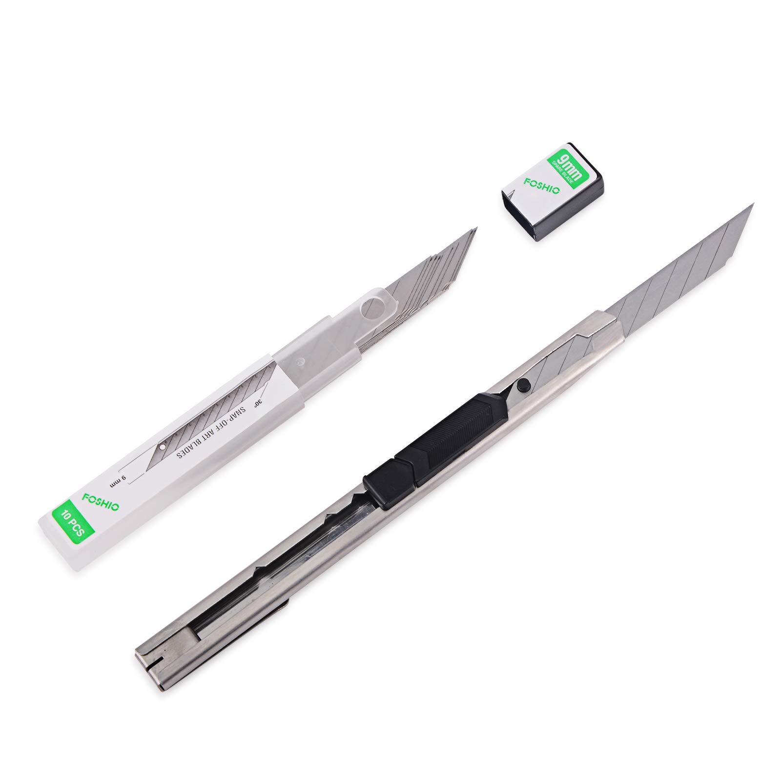 FOSHIO 50 Pezzi 9 millimetri Coltello a 30 gradi in acciaio al carbonio Cutter Professionale Lame installazione a mano e accessori per ufficio - universale Art Knife Lame