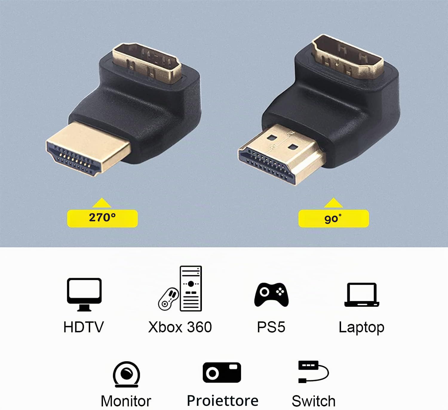 VCE Adattatore HDMI Angolare 90/270 Gradi, Maschio-Femmina, Supporto 4K@60Hz 3D HDR, Compatibile con TV, Monitor e Console, 2 Pezzi