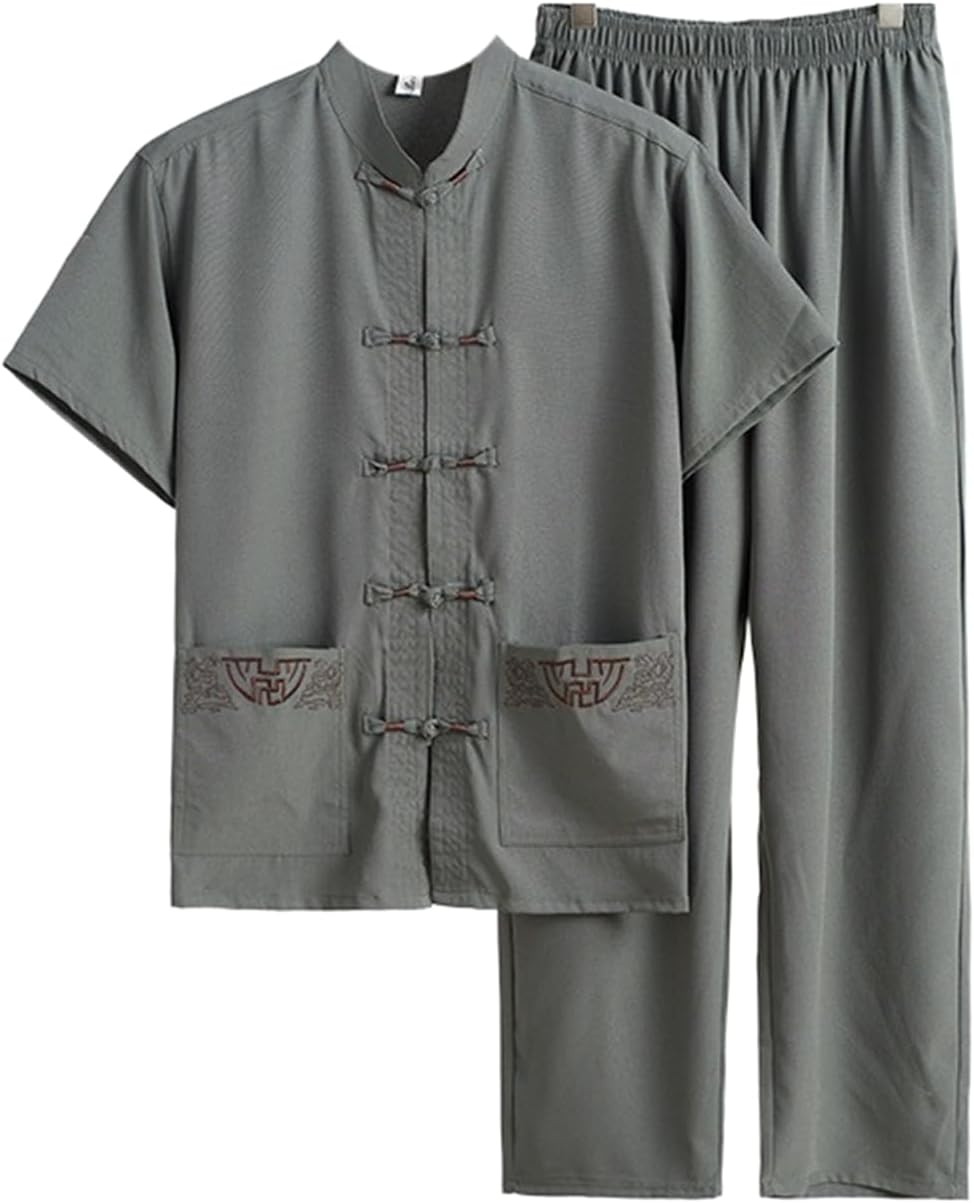 Men's Chinese Style Short Sleeve Tang Suit Mandarin Collar Vintage Athletic 2 Piece Summer Set