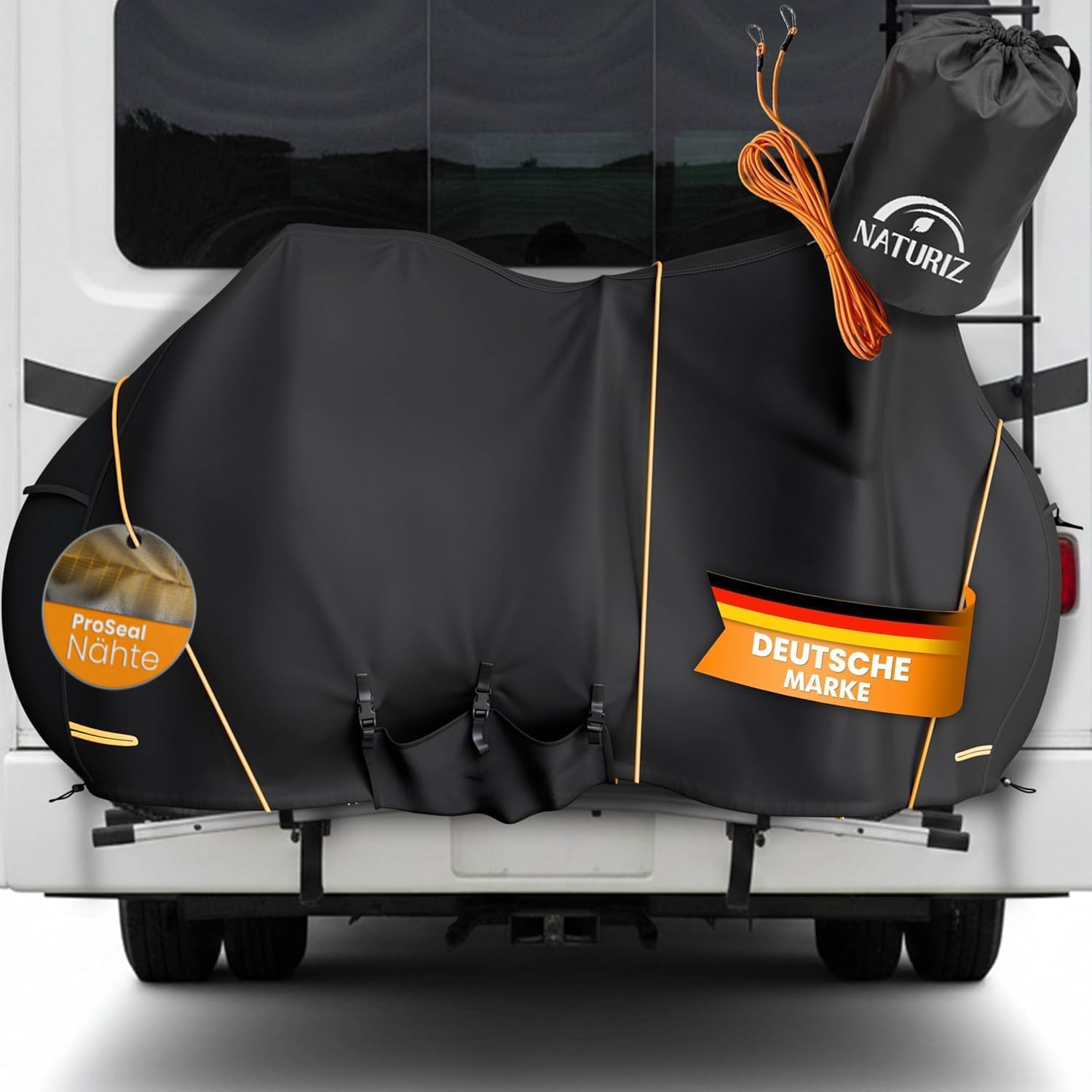 NATURIZ® Fahrradabdeckung Heckträger wasserdicht & reißfest - Fahrradschutzhülle mit 6m Spannseil - Fahrradplane für 2 Fahrräder - Ebike Transportschutz Set, Fahrradhülle, Bike Cover (2 Fahrräder)
