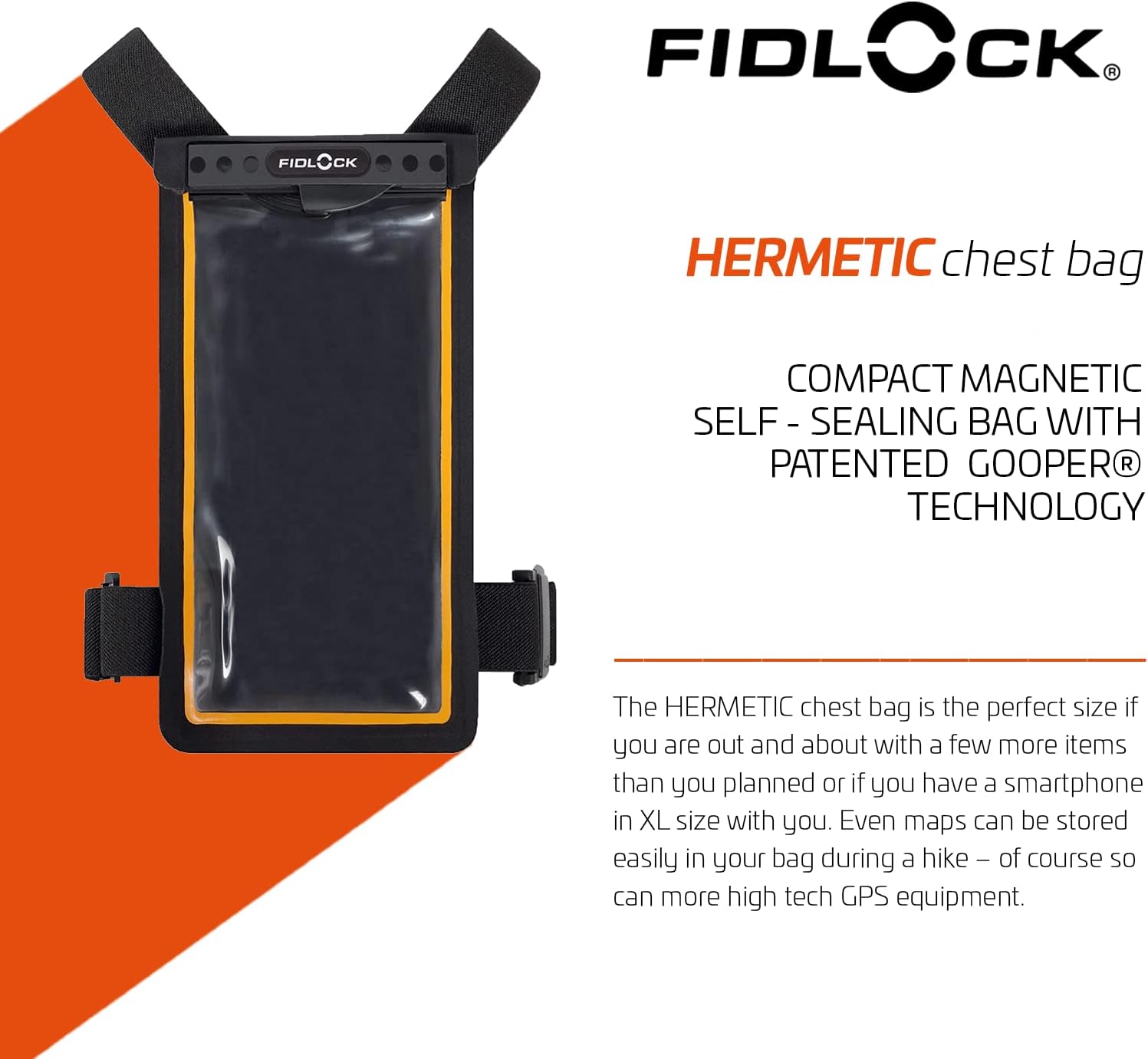 FIDLOCK Hermetic Chest Phone Dry Bag - Waterproof Pouch for Cellphone with Magnetic Self-Sealing Closure - Full Touch Functionality through the Case