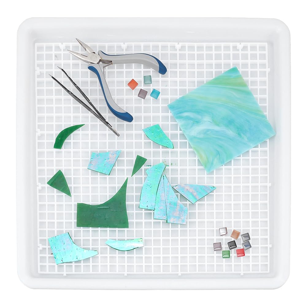 NBEADS Glass Cutting Mat with Debris Tray, 11.6x11.69 Inch Plastic Grid Mat with Collection Tray Glass Cutting Tools Supplies for Glass Grinding Cutting Mosaic and Fusing