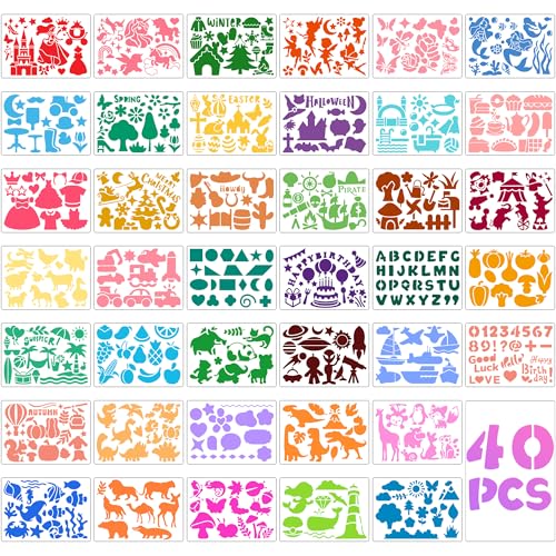 40 PCS Stencils for Kids Stencils for Painting Crafts Reusable Washable Journal Stencil Primary Shape Template for Paper Scrapbooks Drawing