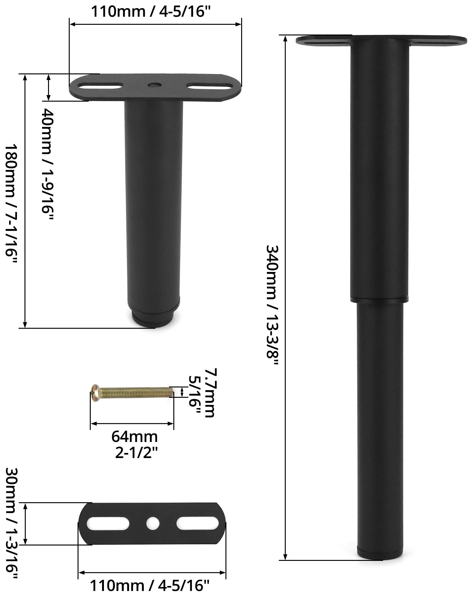 QWORK® 4 Pezzi Piedi per Rete a Doghe, Piedi Letto Robusto Regolabili 18-33 cm (Nero Opaco)