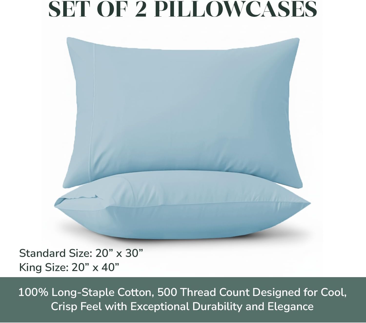 Feather & Stitch 100% Cotton Solid Standard Pillow Covers Set of 2, 500TC Envelope Closure Pillowcases, Soft Luxury Damask Sateen Weave Pillow Case for Sleeping, 20x30 Inches - Feather Blue