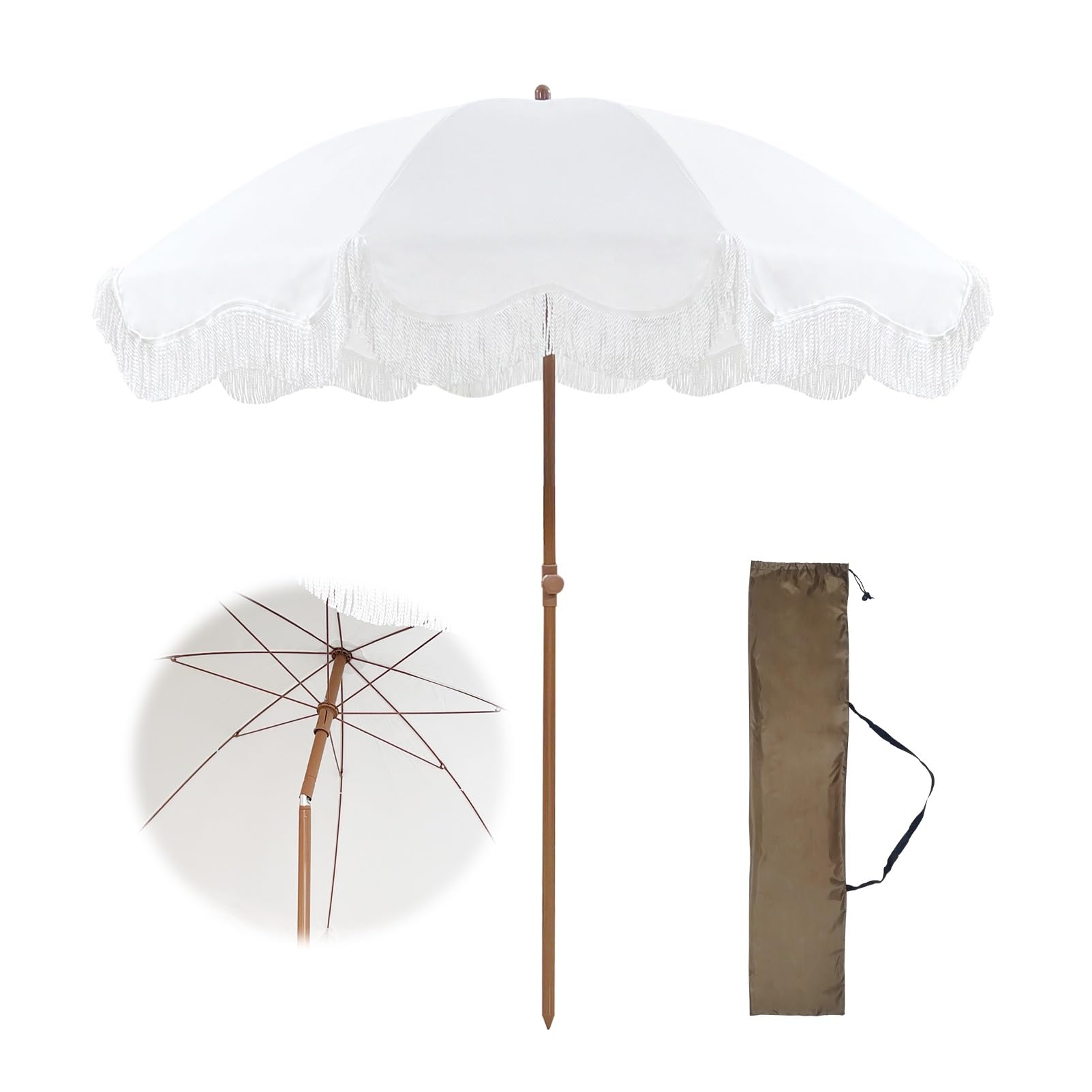 Blanco Sombrilla Playa 200 Cm Parasol Jardín Exterior Grande con Flecos Sombrillas Terraza Protección UV50+ Sombrilla Jardín Inclinable Portátil Boho Beach Umbrella For Sand Impermeable