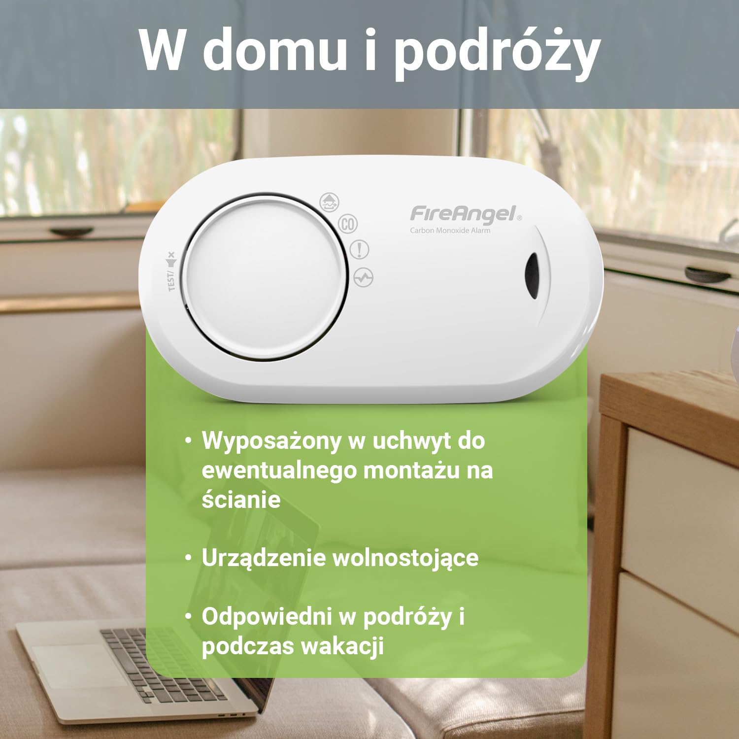 Fire Angel FA3820 czujnik czadu do domu i na wakacje – czujnik tlenku węgla z wbudowaną baterią na 10 lat – podróżny detektor tlenku węgla – biały