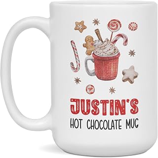 Christmas Name Mug For Justin, Hot Chocolate Mug for Justin, 15-Ounce White