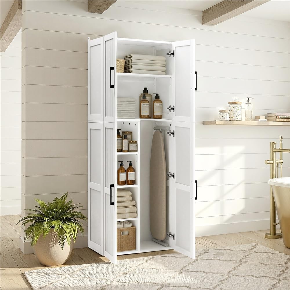 Yaheetech Meuble/Armoire de Rangement avec Compartiment Aspirateur, Colonne avec Étagères Réglables, 4 Portes, pour Salon, Cuisine, Salle de Bain, Blanc, 60x37x175.5 cm