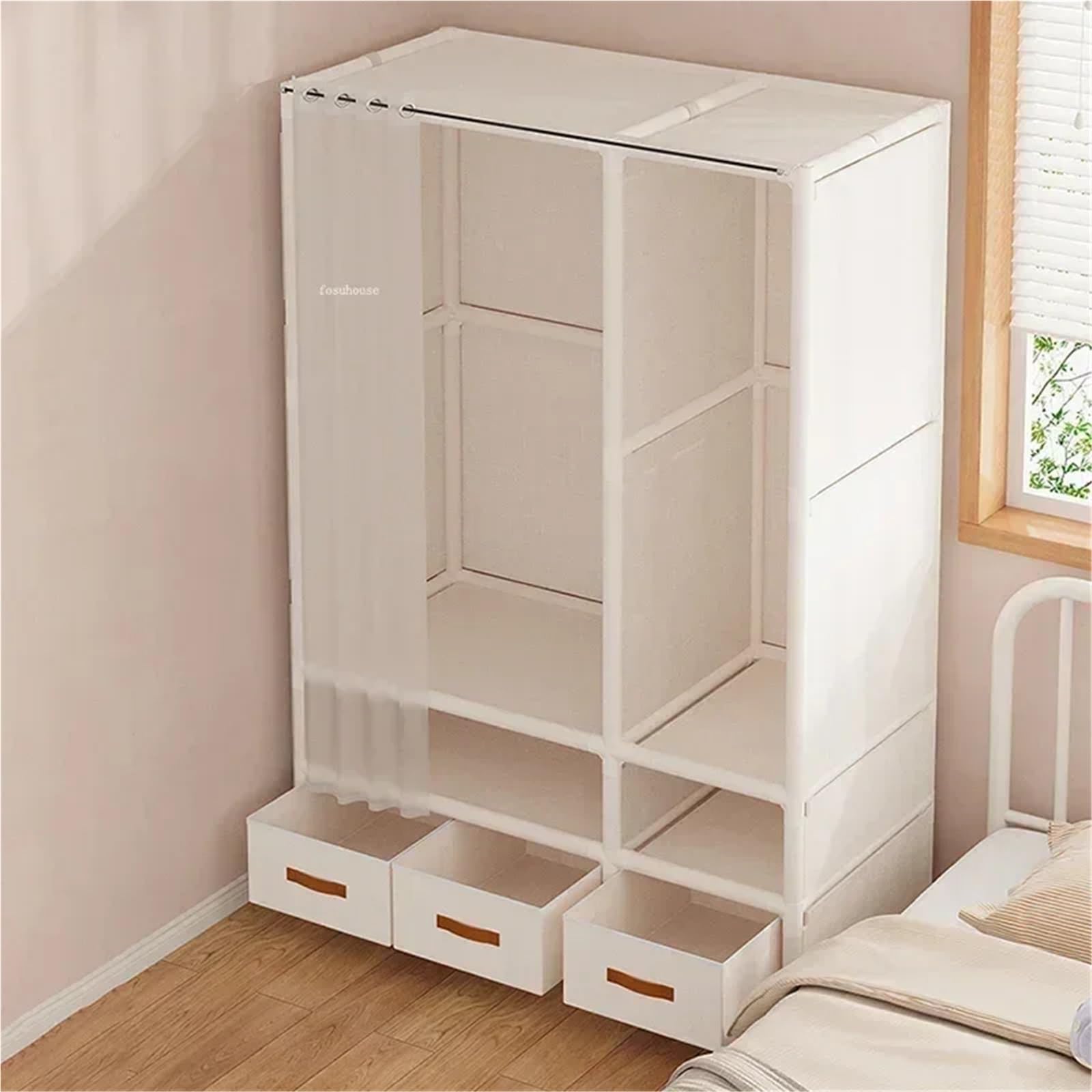 Leinwand-Kleiderschrank Moderner mehrschichtiger Stoff-Kleiderschrank mit offenen Schubladen, tragbarer Kleiderschrank for Zuhause, Schlafzimmer, Kleiderbügel-Aufbewahrung(White-no Drawer-A)