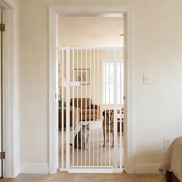 Lumizone Extra Tall Cat Gate 55.12" High 29.92"-34.24" Wide Pet Gate White | Dog Gate for Doorway Hallway Stairs Pressure Mounted Extra Wide 1.37" Gap No Drilling Auto-Close One-Handed Operation