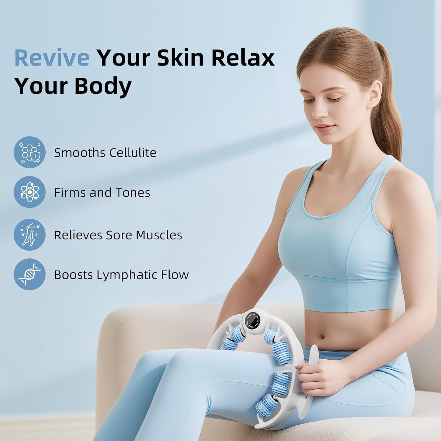 Cellulite Massage Roller for Legs, Anti Cellulite Massage Tool with Detachable Handle, Cellulite Remover for Legs, Lymphatic Drainage & Deep Tissue Pain Relief (Blue)