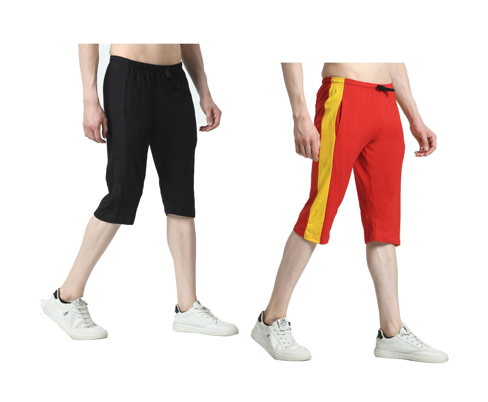 indi weaves Pack of 2 Men’s Cotton Capri Pants with Side Stripe (Patta), Elastic Waist with Drawstring (Nada), Pockets, Comfortable Casual Knee Length Shorts-picture-36