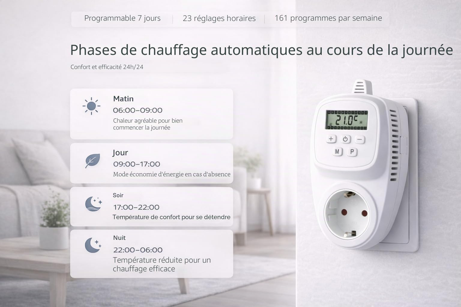 VIESTA® TH12 thermostat prise, programmable, 7 jours, 230 V / 16 A / 3600 W, 5–35°C, 0,5°C, écran LCD, EEPROM, protection antigel, pour chauffages électriques, panneaux chauffants