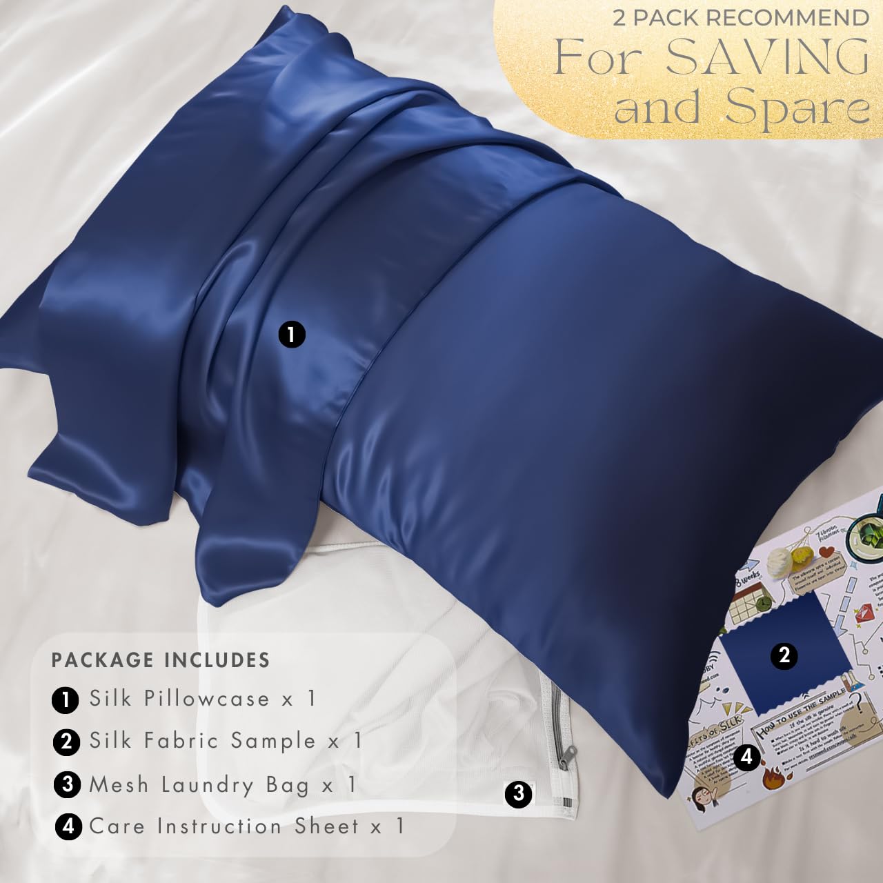 PROMEED Funda de almohada de seda de morera 100 % para cabello y piel, resistente a los alérgenos en ambos lados, 23 momme, 1400 hilos, con cremallera oculta, 1 unidad (Queen, 51 x 76 cm, azul marino)
