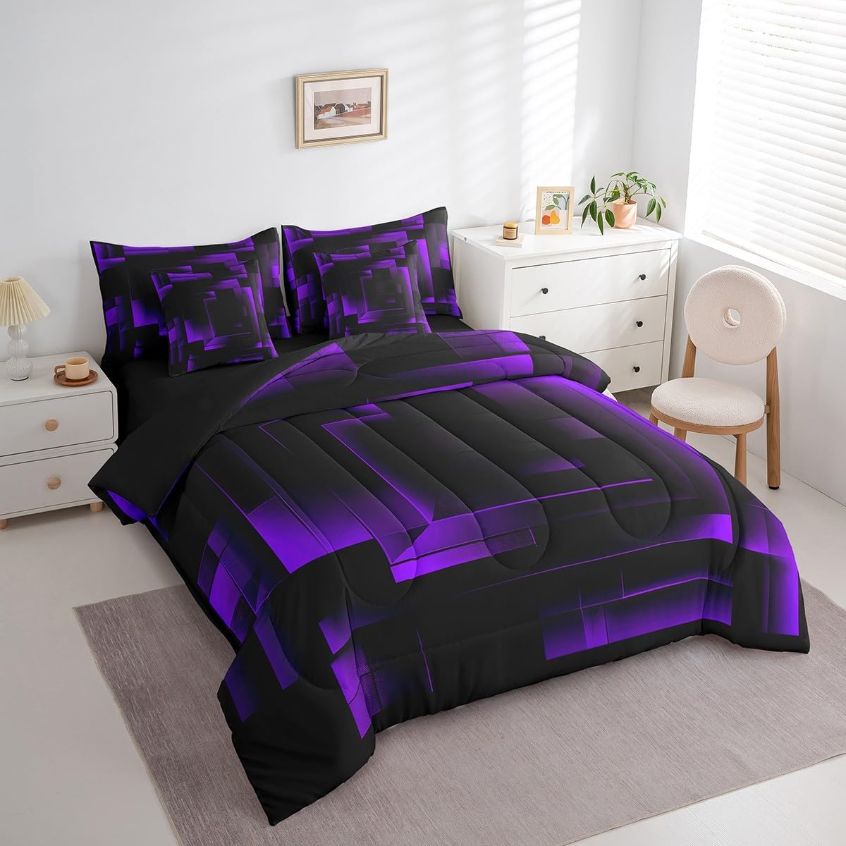 7 Pieces Purple Abstract Comforter Set Queen Size, Geometric Square Grid Bedding Set for Kids Boys Girls Room Decor, Purple and Black Lattice 7pcs Bed in a Bag with Comforter, Sheets and Pillow Cases