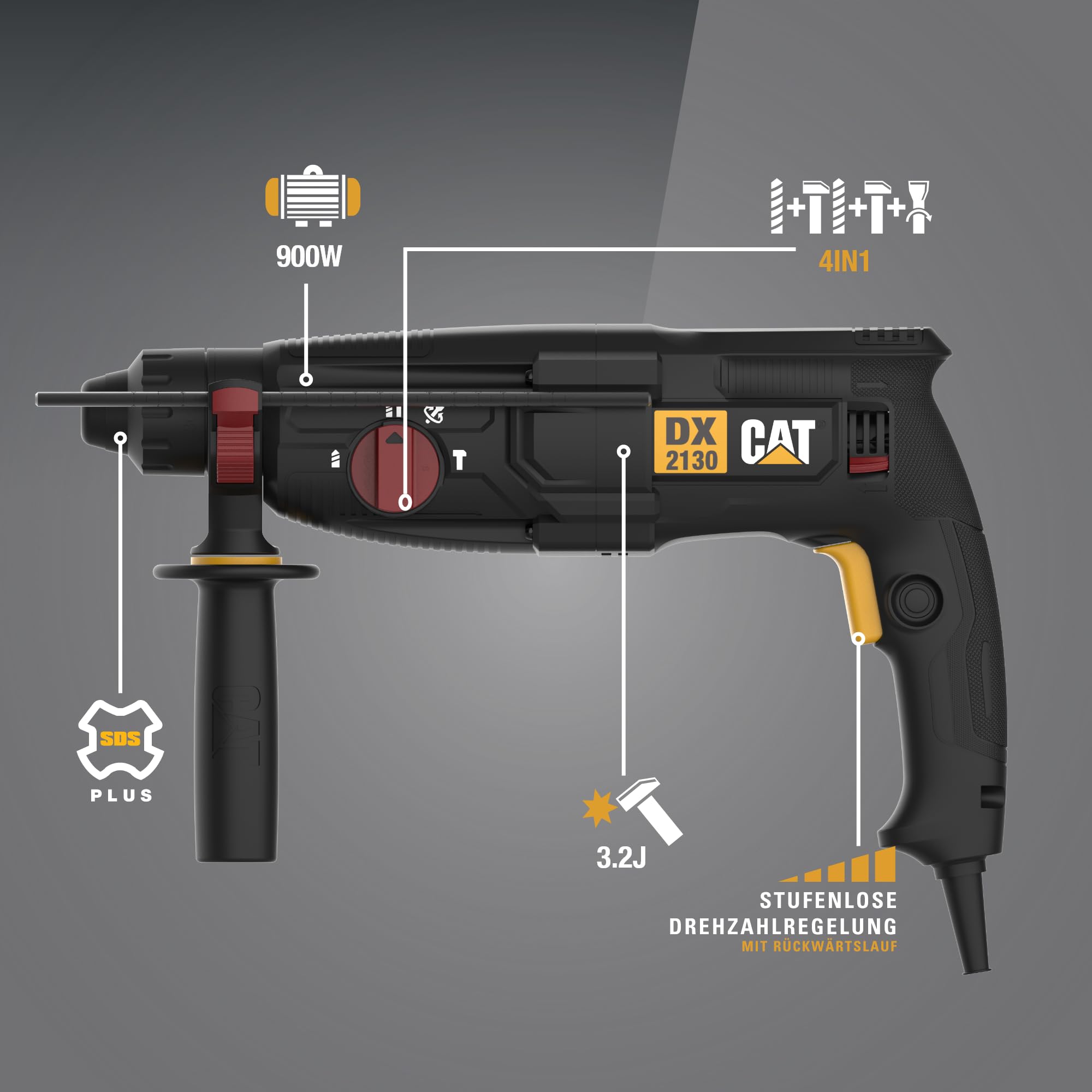 CAT DX2130 Bohrhammer 900W, SDS-plus, 3.2 Joule Schlagenergie, 4-In-1 Funktionen, 28mm Bohrleistung, (inkl. Meißel- und Bohrersatz)