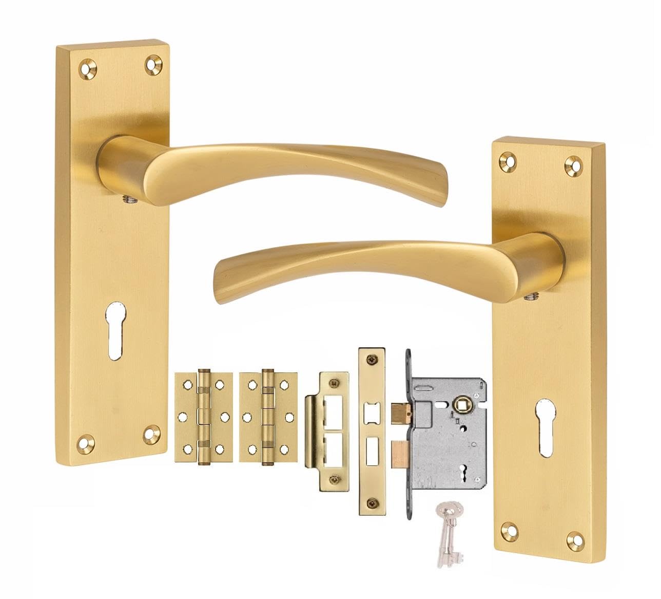 Golden Grace Satin Brass Astrid Victorian Lock Door Handle 3 Lever Lock Finish 150Mm Long And Hinges