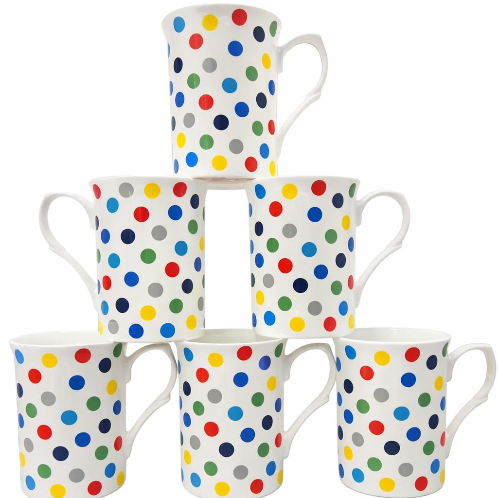 Tamersgifts Polka Dot Mugs, 300ml, Fine Bone China, Set of 6, Multicoloured