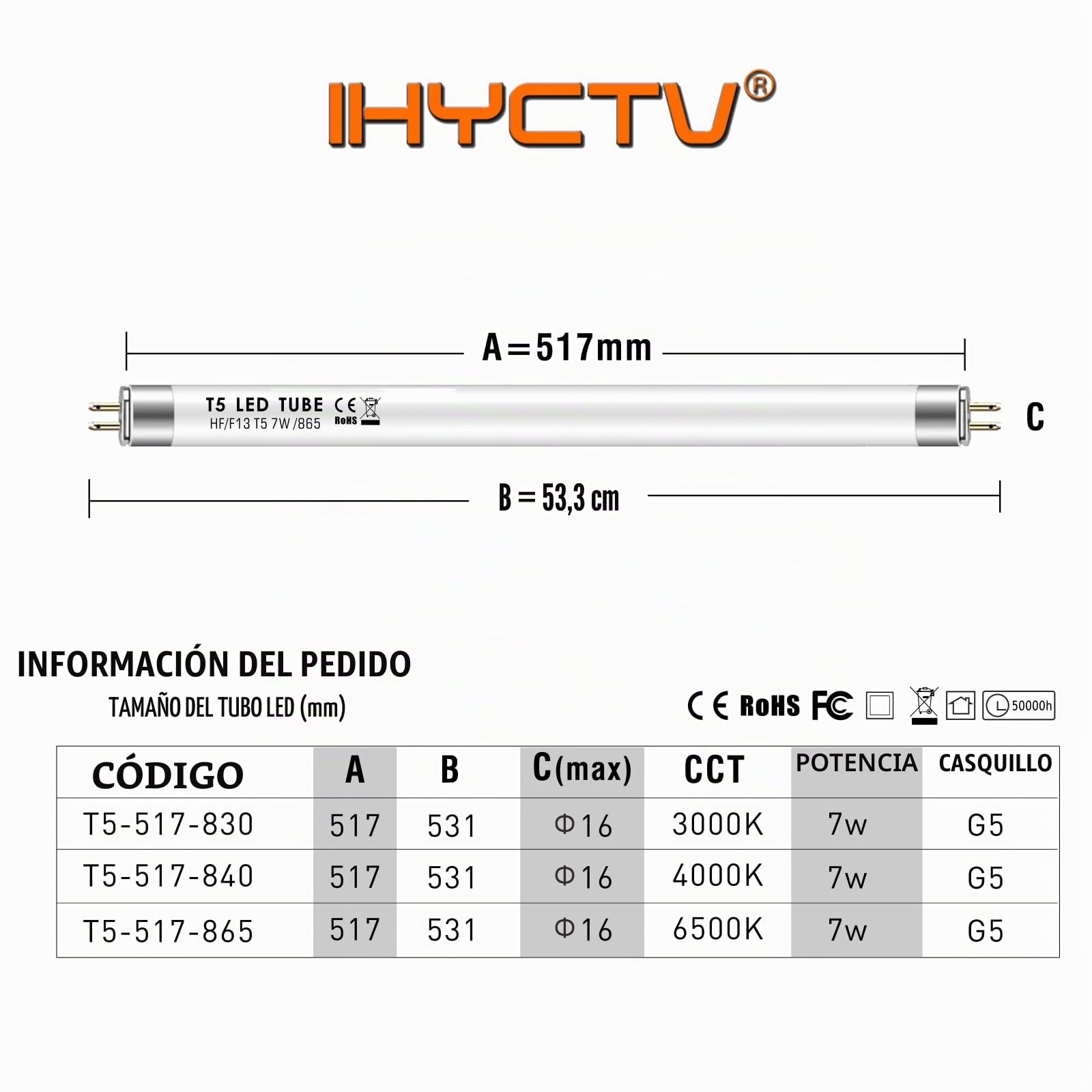 IHYCTV Tubo led 7W t5 517mm, tubo fluorescente t5 13W equivalente, 910lm, 3000k luz blanca cálida, sin necesidad de volver a cableado, titular g5, 140 grados, embalaje 1