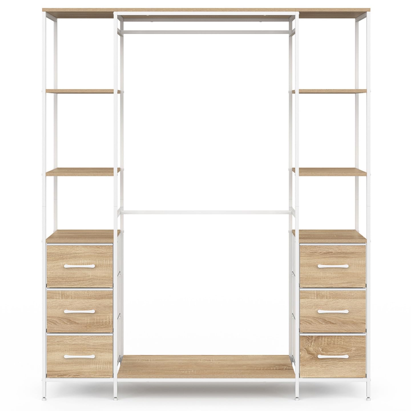 IDMarket - Vestidor doble perchero + doble columna L. 140 cm UTAH con 6 estantes y 6 cestas de tela, madera y blanco