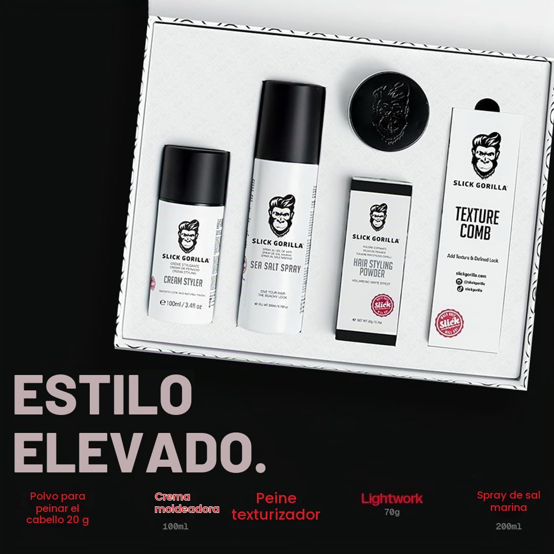 Slick Gorilla Set de Peinado Completo – Set de Regalo con Polvo, Lightwork, Crema Estilizadora, Spray de Sal Marina y Peine Texturizador para Cabello Liso,Ondulado o Rizado