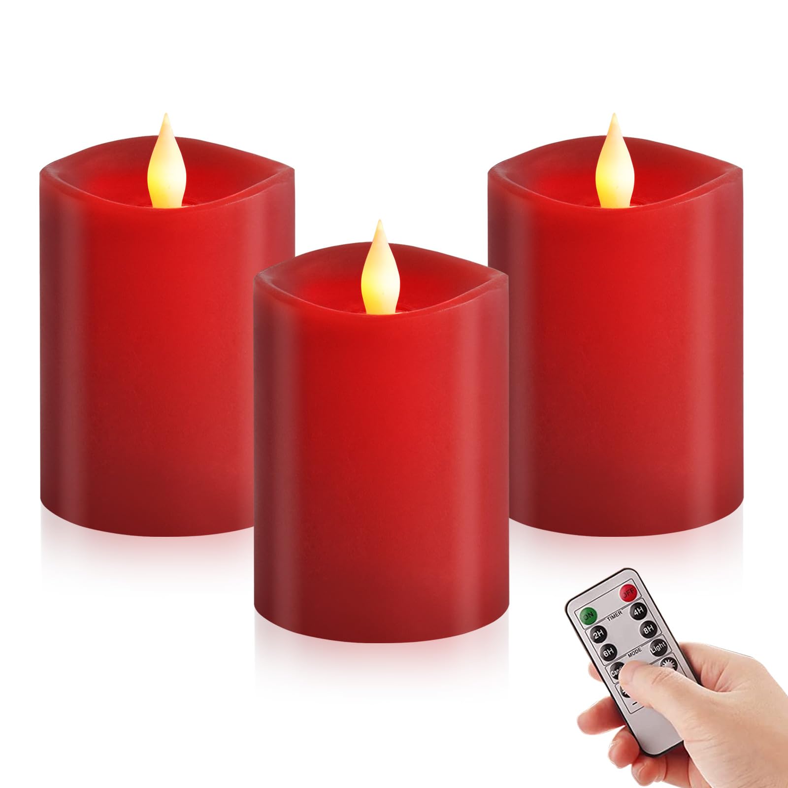 3x4 Flickering Flameless Candles Set of 3, 2AA Battery Life 600 Hours Battery Candles Flickering with Timer,4 inch Flameless Candles with Remote for Indoor/Outdoor, Red